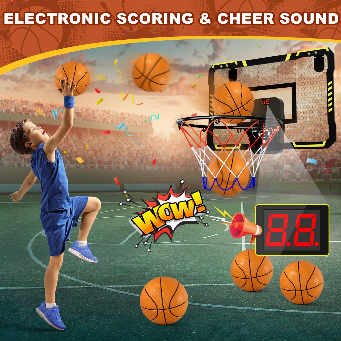 Basketball Hoop Indoor, Mini Basketball Hoop for Kids, Over The Door Basketball Hoop with Electronic Scoreboard & 4 Balls, Basketball Toys for 5+ Years Old Boys Girls