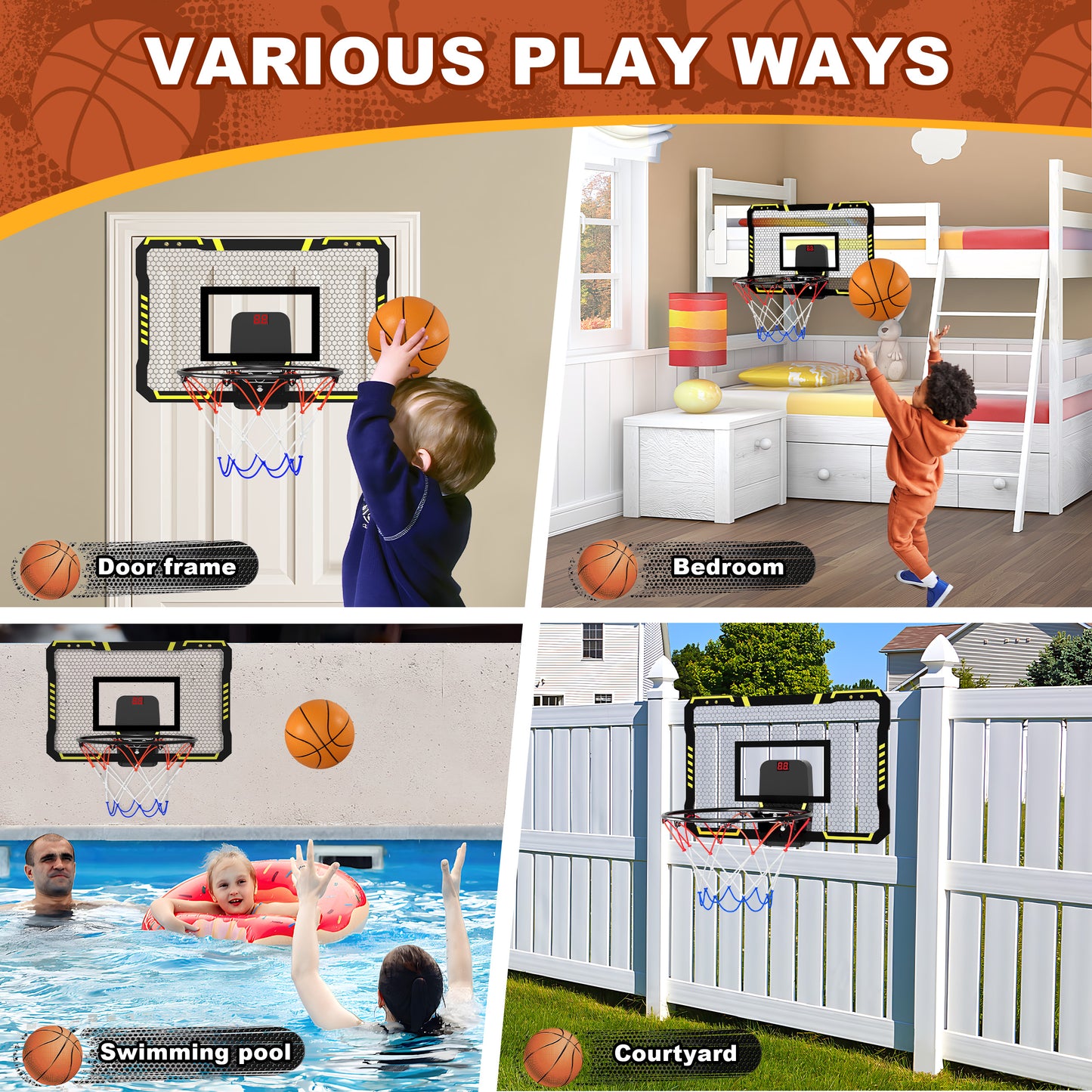 Basketball Hoop Indoor, Mini Basketball Hoop for Kids, Over The Door Basketball Hoop with Electronic Scoreboard & 4 Balls, Basketball Toys for 5+ Years Old Boys Girls