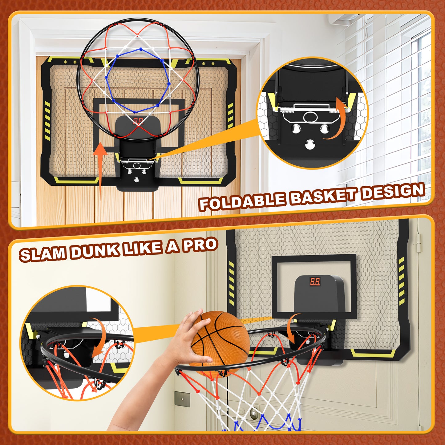 Basketball Hoop Indoor, Mini Basketball Hoop for Kids, Over The Door Basketball Hoop with Electronic Scoreboard & 4 Balls, Basketball Toys for 5+ Years Old Boys Girls